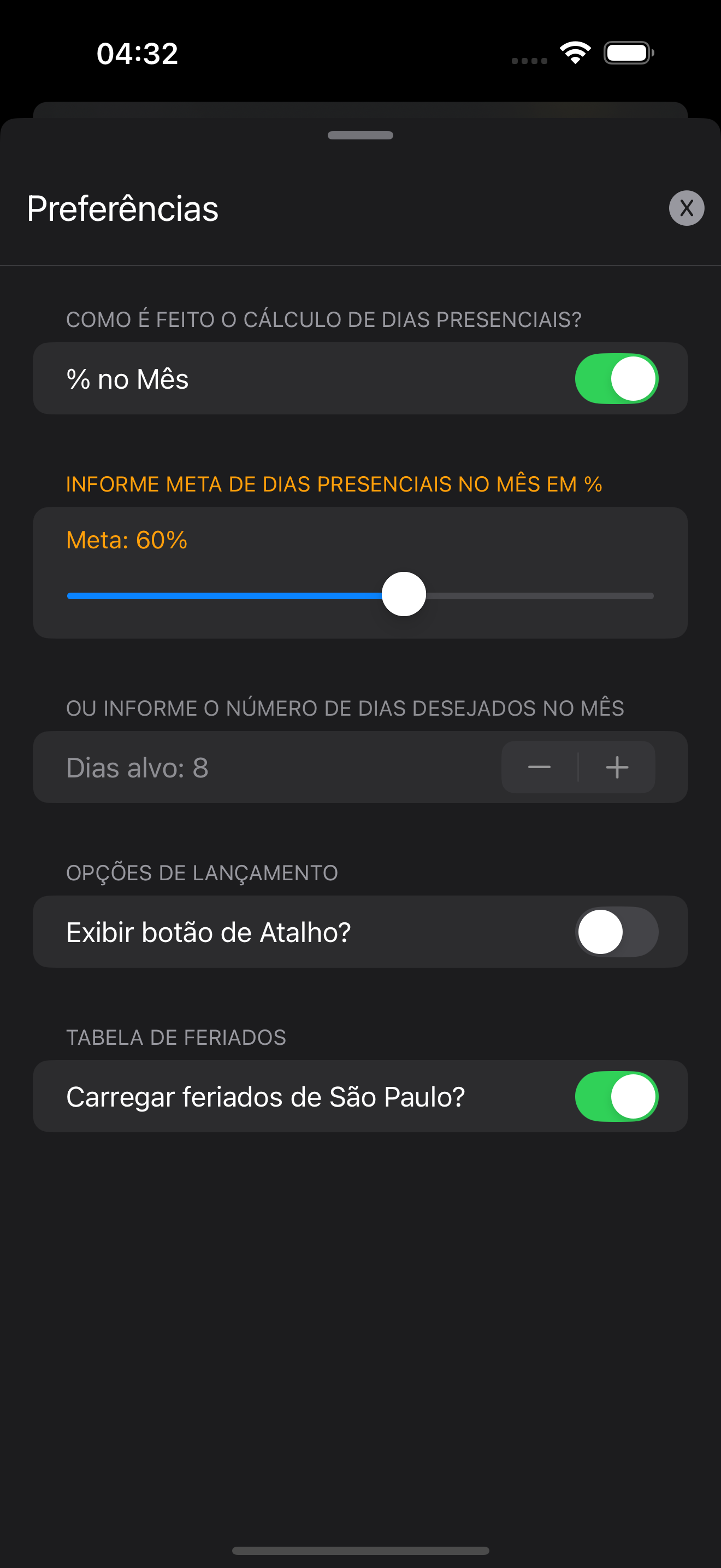 Tela de configurações